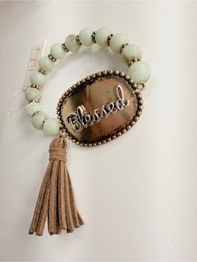 Lily Mint Bead Bracelet with Gold 'Blessed' Oval & Tan Tassel